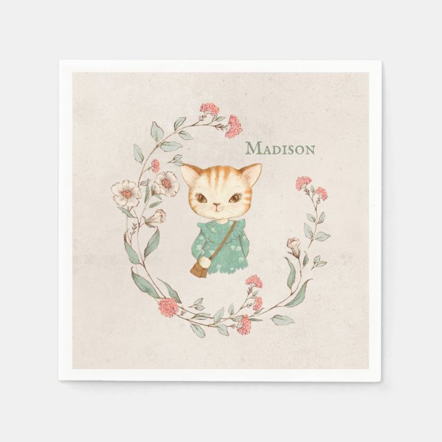 Kattunge Blommigt Personlig Namn Girly Kitten Pappersservett (Framsidan)