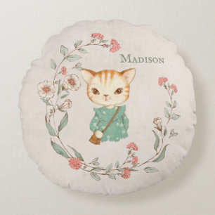 Kattunge Blommigt Personlig Namn Girly Kitten Rund Kudde