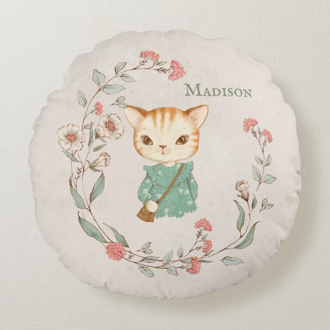 Kattunge Blommigt Personlig Namn Girly Kitten Rund Kudde (Framsidan)