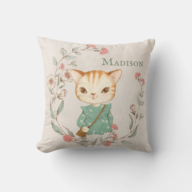 Kattunge Blommigt Personlig Namn Girly Kudde (Framsida)