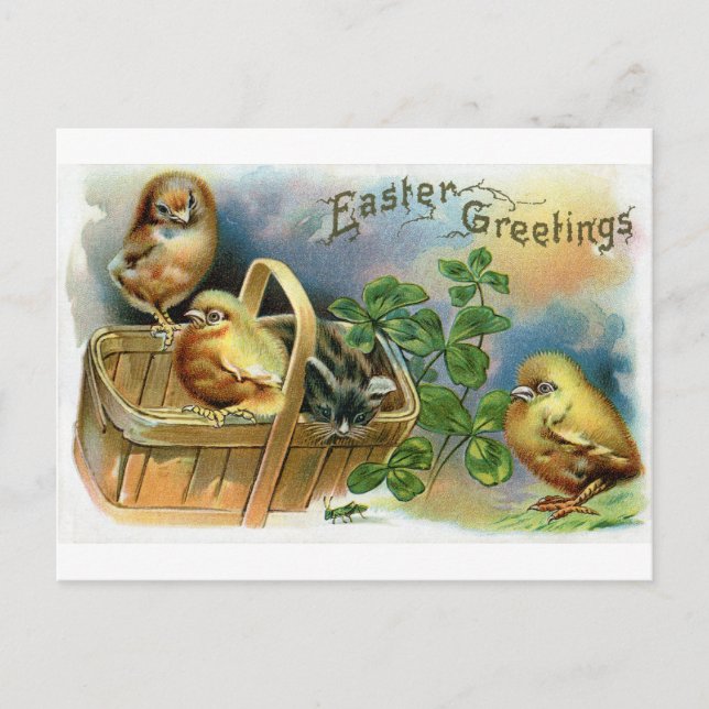 Kattunge, chickar & klövervintagepåsk helg vykort (Framsida)