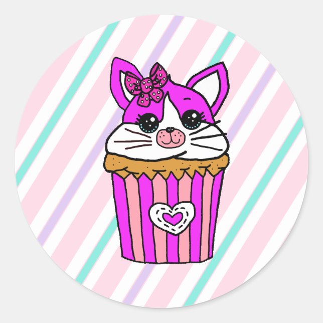 Kattunge Cupkaka Birthday Runt Klistermärke (Framsida)