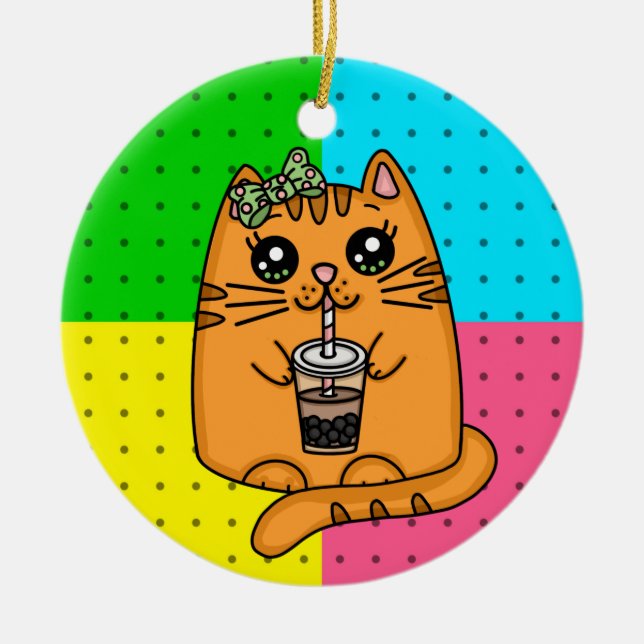 Kattunge Drinking Boba Tea Julgransprydnad Keramik (Framsidan)