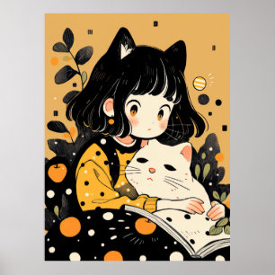 Kattunge-flicka som läser bok poster