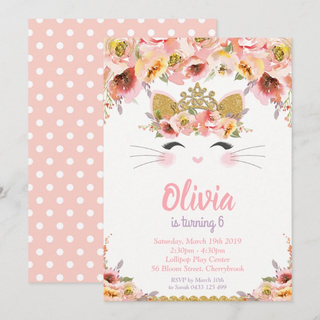 Kattunge Födelsedagsfest Princess Kattunge Inbjudningar (Fram/baksida)