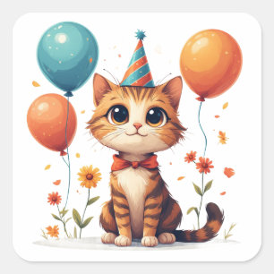 Kattunge födelsedagsfirande med ballonger och hatt fyrkantigt klistermärke