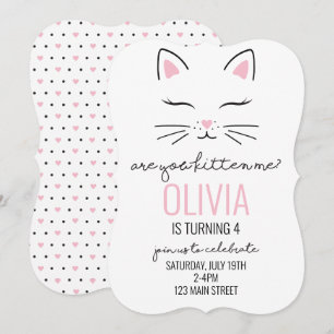 Kattunge födelsedagsinbjudan med rosa hjärtan katt inbjudningar