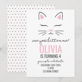 Kattunge födelsedagsinbjudan med rosa hjärtan katt inbjudningar