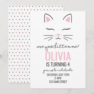 Kattunge födelsedagsinbjudan med rosa hjärtan katt inbjudningar