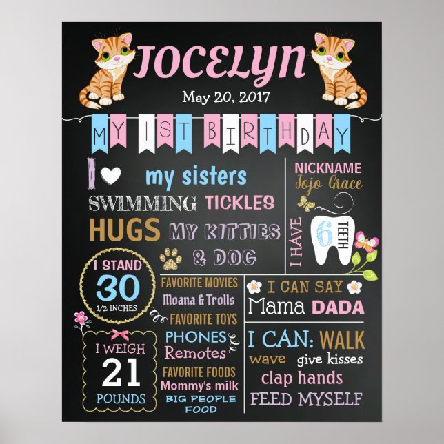 Kattunge första födelsedagsskylt party poster (Framsidan)