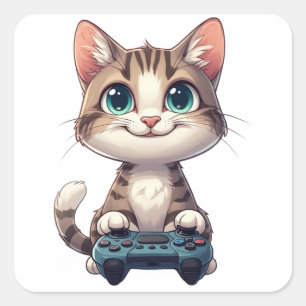 Kattunge håller spelkontroll leende spelande katt fyrkantigt klistermärke