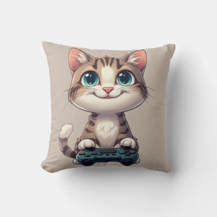 Kattunge håller spelkontroll leende spelande katt kudde