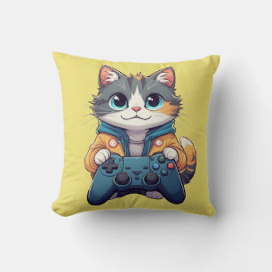 Kattunge håller spelkontroll leende spelande katt kudde