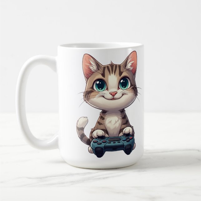 Kattunge håller spelkontroller Leende Gamer Katt Kaffemugg (Vänster)