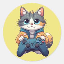 Kattunge håller spelkontroller Leende Gamer Katt Runt Klistermärke
