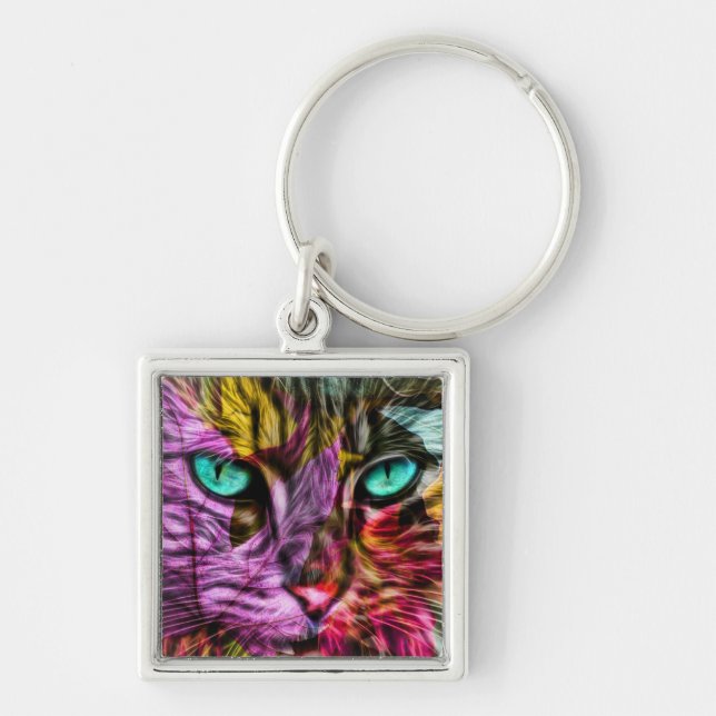 Kattunge Höst löv färgbildartsdesign Fyrkantig Silverfärgad Nyckelring (Framsidan)