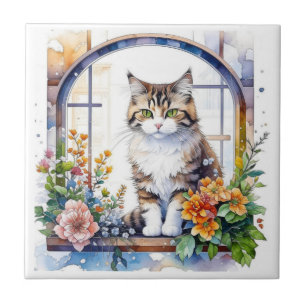 Kattunge i blomsterfönstret kakelplatta