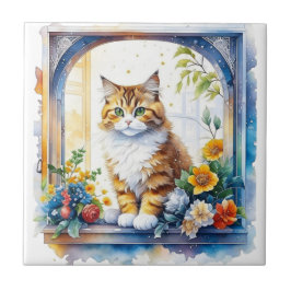 Kattunge i blomsterfönstret kakelplatta