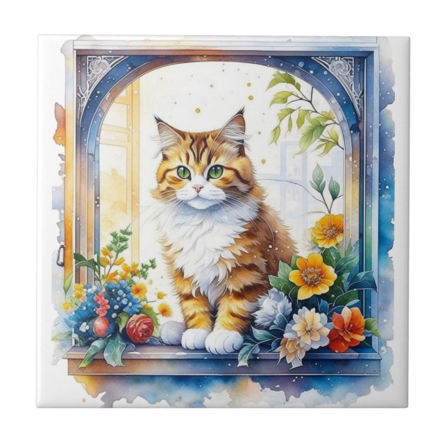 Kattunge i blomsterfönstret kakelplatta (Framsidan)
