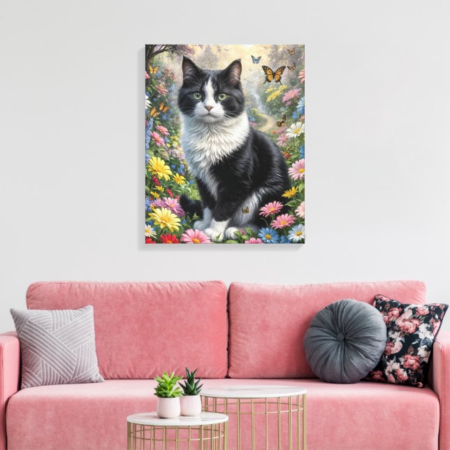Kattunge i blomsterträdgården canvastryck (Insitu (Vardagsrum))