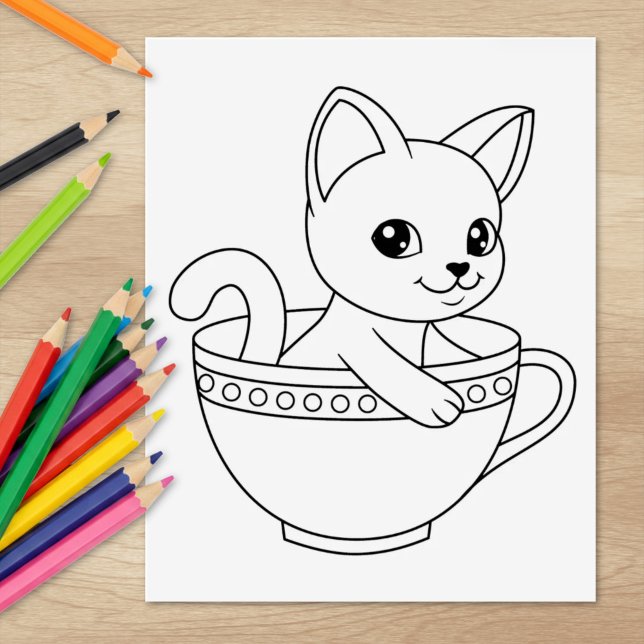 Kattunge i en kopp - Katt i tekopp målarbild Stämpel (Skapare uppladdad)