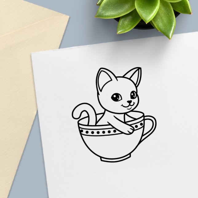 Kattunge i en kopp - Katt i tekopp Självfärgande Stämpel (Skapare uppladdad)