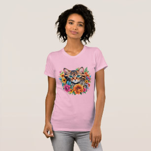 Kattunge i färgrik blomsterkrans t shirt