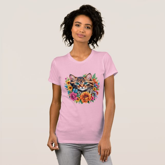 Kattunge i färgrik blomsterkrans t shirt (Hel framsida)