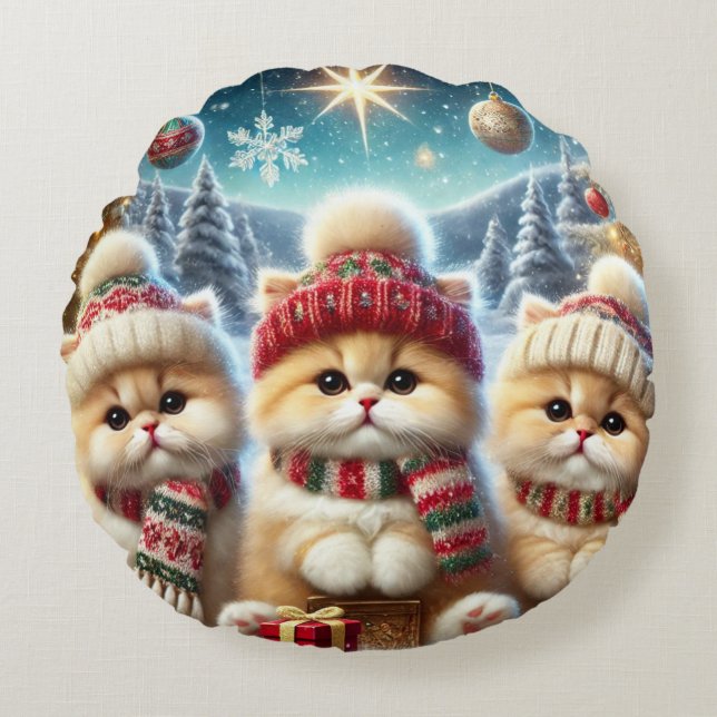 Kattunge i juldekretet och Snö Rund Kudde (Framsidan)