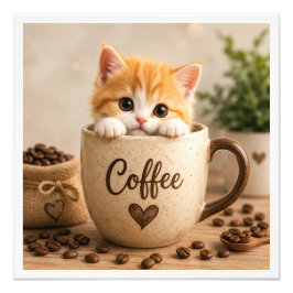 Kattunge i kaffekopp charm fototryck