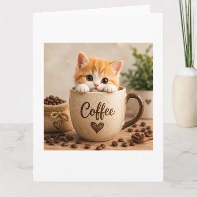 Kattunge i kaffekopp charm tack kort (Framsida)