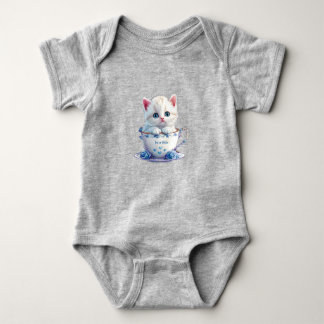 Kattunge i kopp blå blommor baby bodysuit t shirt