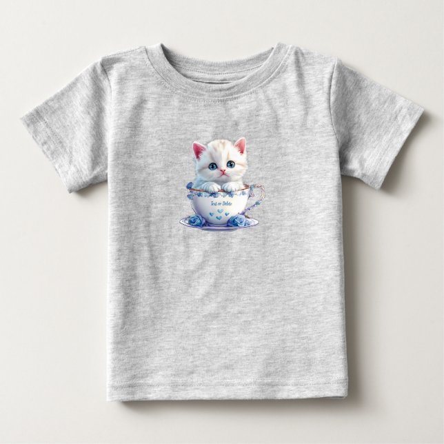 Kattunge i kopp blå blommor Baby T-Shirt (Framsida)