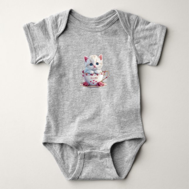 Kattunge i kopp rosa blommor baby bodysuit t shirt (Framsida)