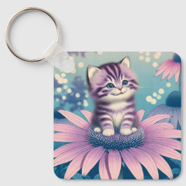 Kattunge i lila blomma nyckelring