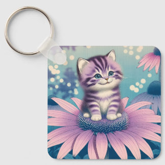 Kattunge i lila blomma nyckelring