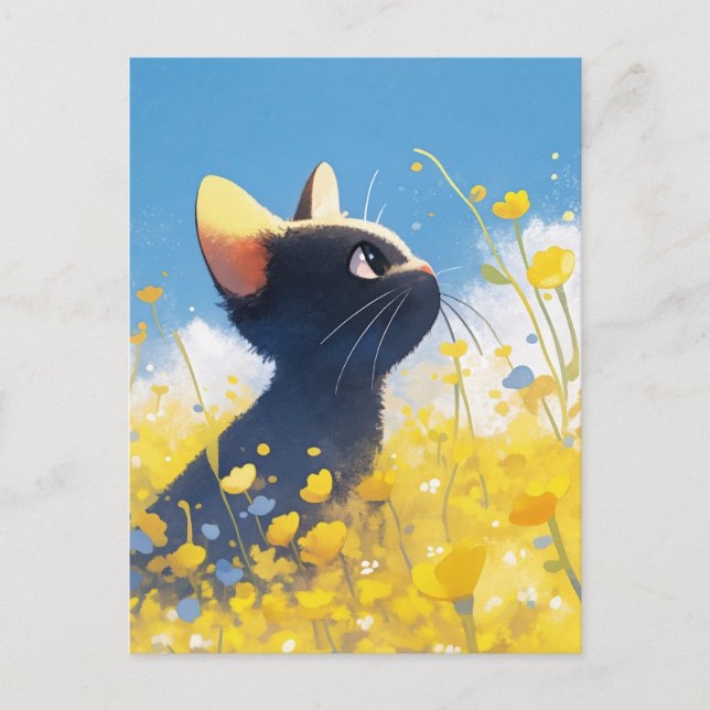 Kattunge i solig gul smörblommeäng vykort (Framsida)