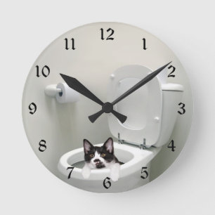 Kattunge i toalettbunke rund klocka