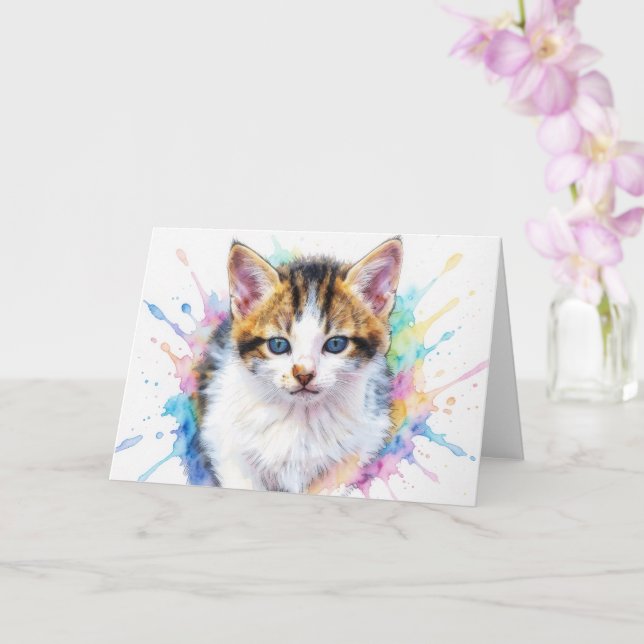 Kattunge Katt Konst Akvarell Splash Notkort Kort (Orkide)