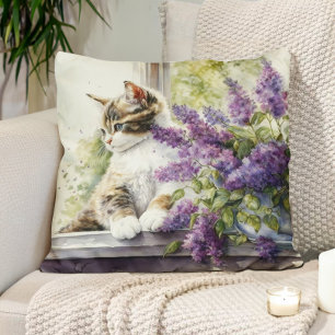 Kattunge Katt Lavendel Blommor Fönster Solljus Kudde