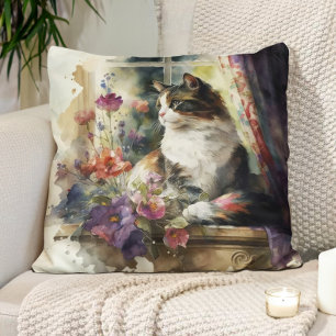 Kattunge Katt Lila Blommor Fönster Solljus Kudde
