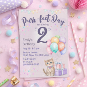 Kattunge Katt Pastell Liten Flickas 2-årsdag Inbjudningar