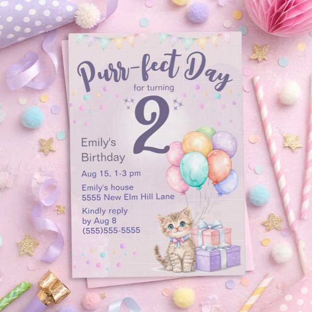 Kattunge Katt Pastell Liten Flickas 2-årsdag Inbjudningar (Cute kitten "Purr-fect day for turning 2" birthday party invitation for little girls)