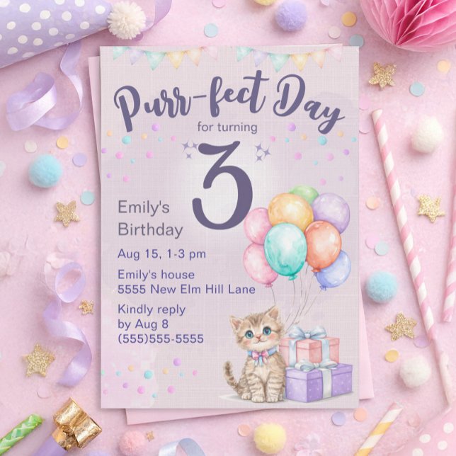 Kattunge Katt Pastell Liten Flickas 3-årsdag Inbjudningar ("Purr-fect day for turning 3" cute kitten 3rd birthday party invitation for little girls)