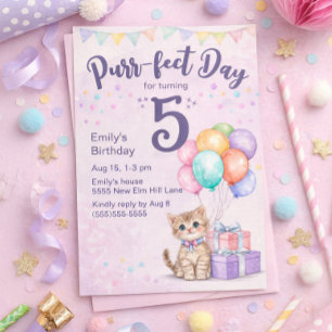 Kattunge Katt Pastell Liten Flickas 5-årsdag Inbjudningar