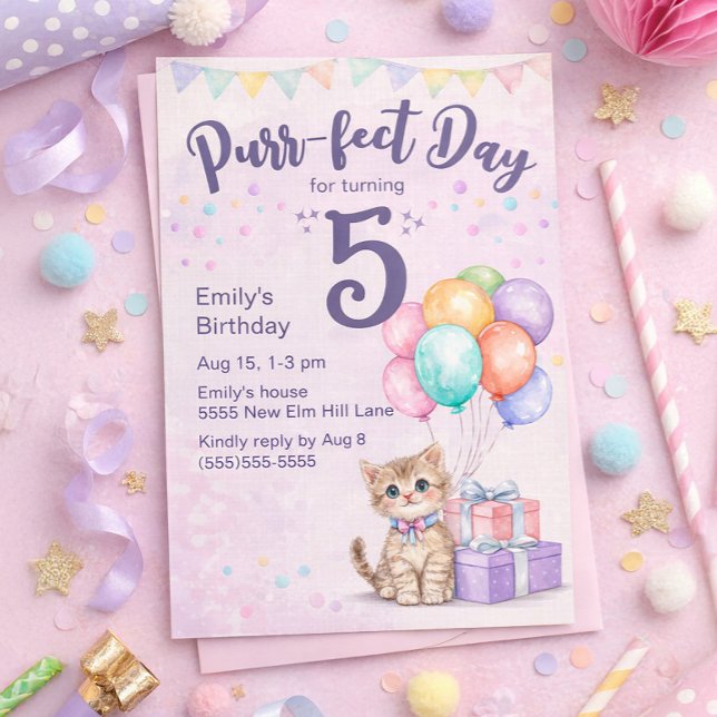 Kattunge Katt Pastell Liten Flickas 5-årsdag Inbjudningar ("Purr-fect day for turning 5" cute kitten birthday party invitation)