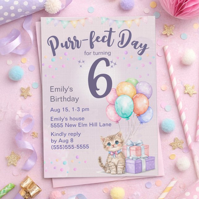 Kattunge Katt Pastell Liten Flickas 6-årsdag Inbjudningar (Cute kitten "Purr-fect day for turning 6" birthday party invitation for little girls)