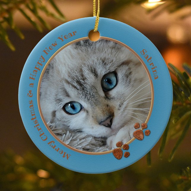 Kattunge Keepie Blue-julfoto Ornament (Christmas ornament featuring a photo of your own cat framed by a blue and gold border)