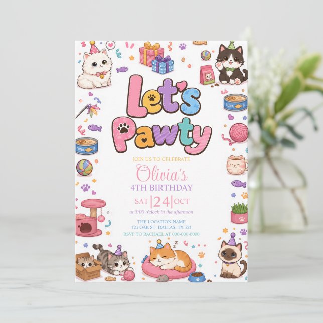 Kattunge Kisse Flicka Födelsedagsfest Inbjudan (Stående Fram)