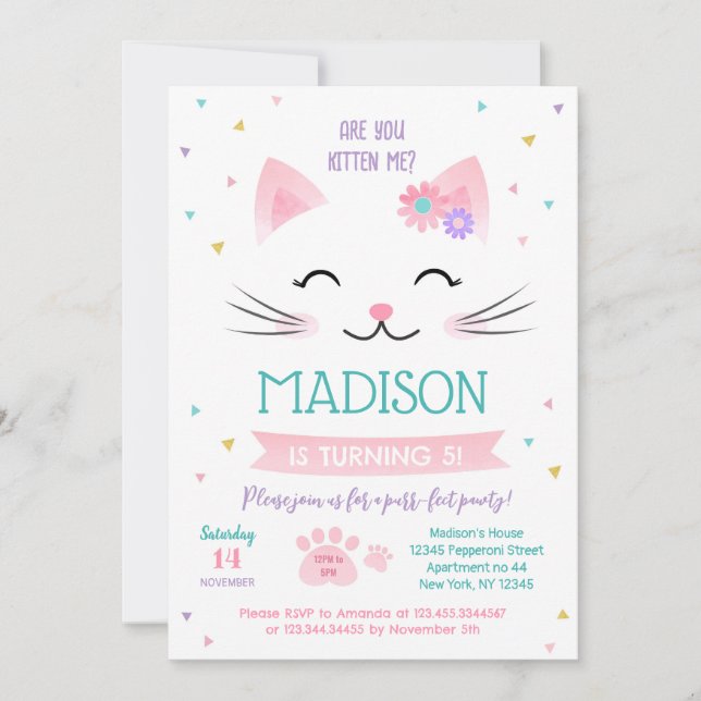Kattunge Kitten Birthday-inbjudan till flicka Inbjudningar (Framsida)